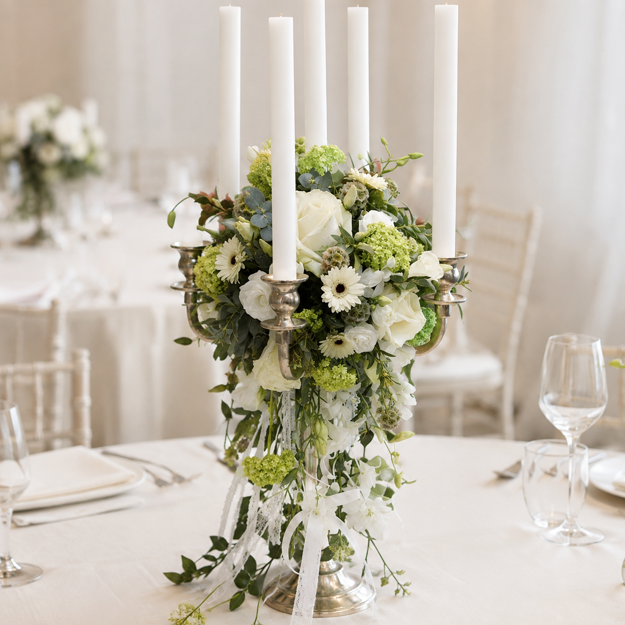 Silberner Kerzenleuchter mit weiß-grüner Hochzeitsfloristik aus Rosen, Gerbera und Schneeball auf gedeckter Tafel