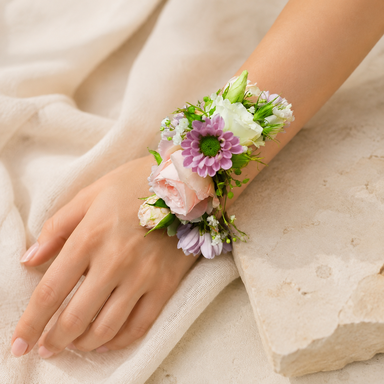 Zartes florales Hochzeitsarmband mit rosa Rosen, weißen Lisianthus und lila Chrysanthemen