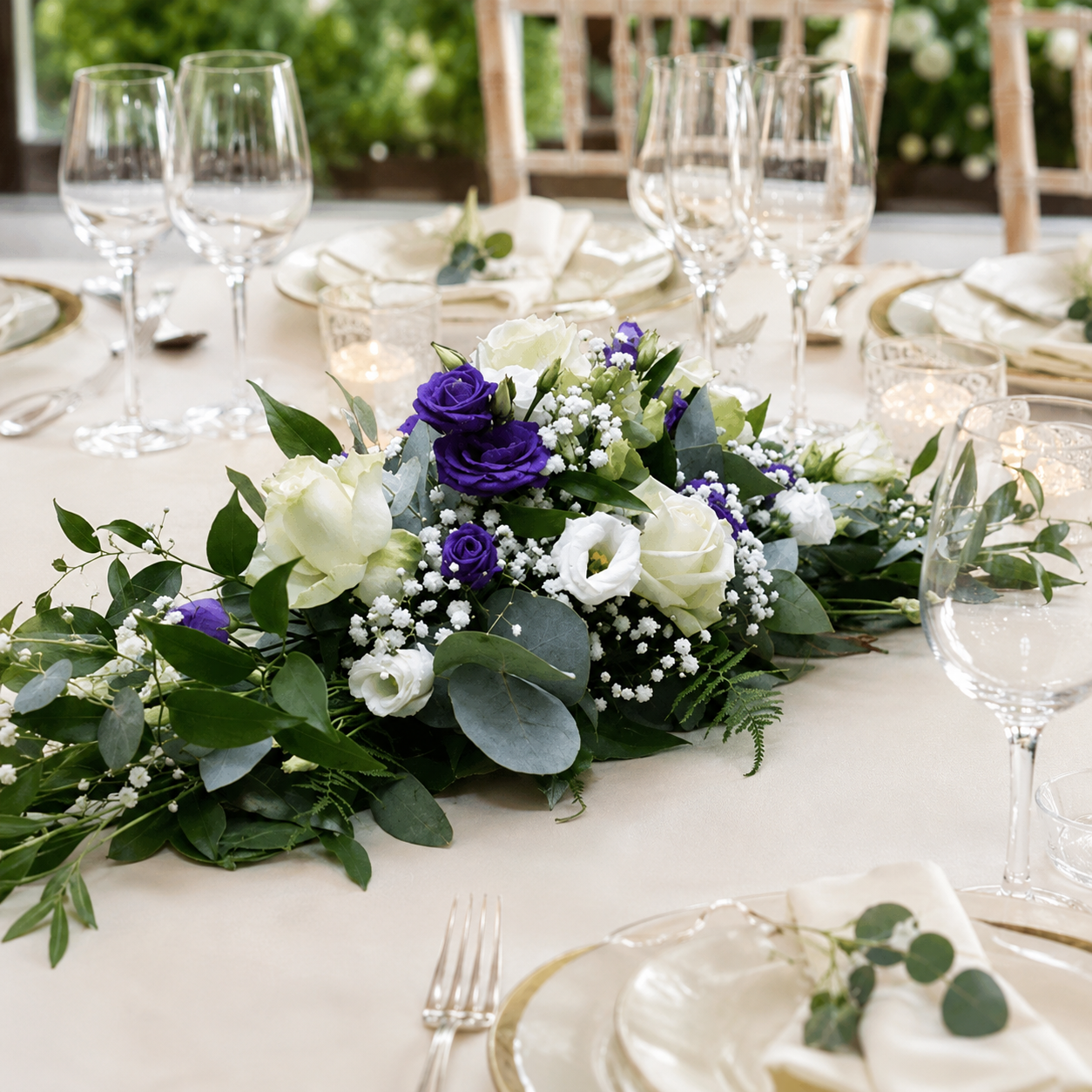 Niedriges Hochzeits-Centerpiece in Weiß und Violett mit Rosen, Lisianthus, Schleierkraut und Eukalyptus