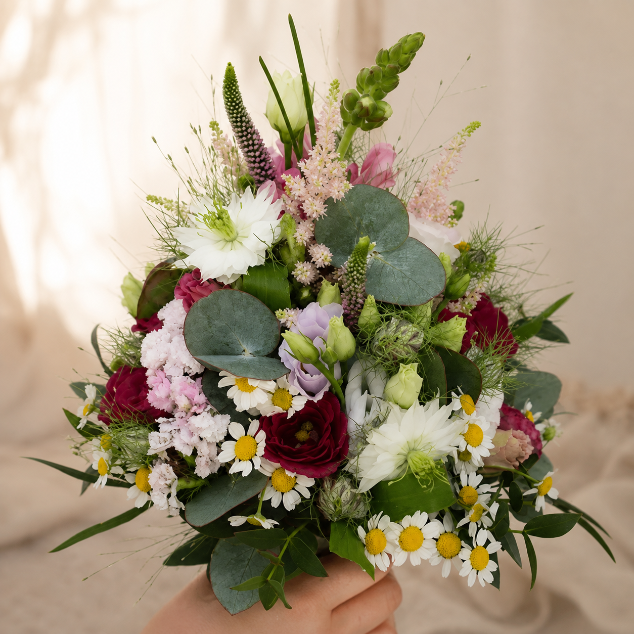 Bohemian Brautstrauß mit Wiesenblumen, Gänseblümchen und Eukalyptus