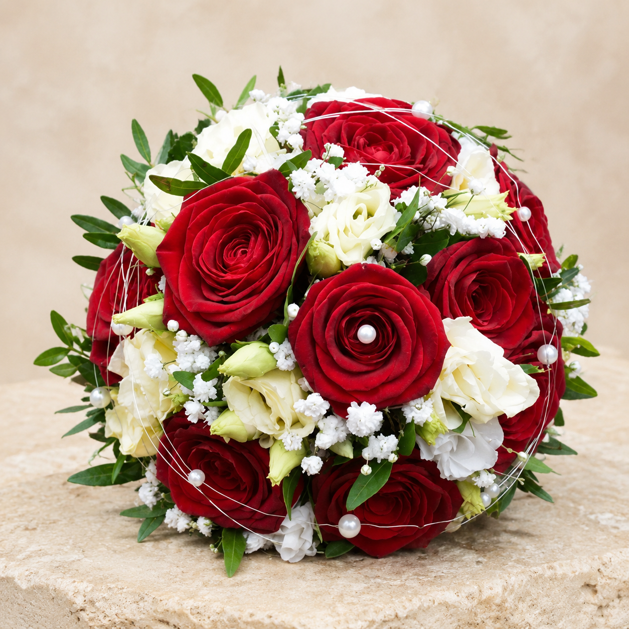 Klassischer runder Brautstrauß aus roten Rosen, weißer Lisianthus und Schleierkraut mit Perlen