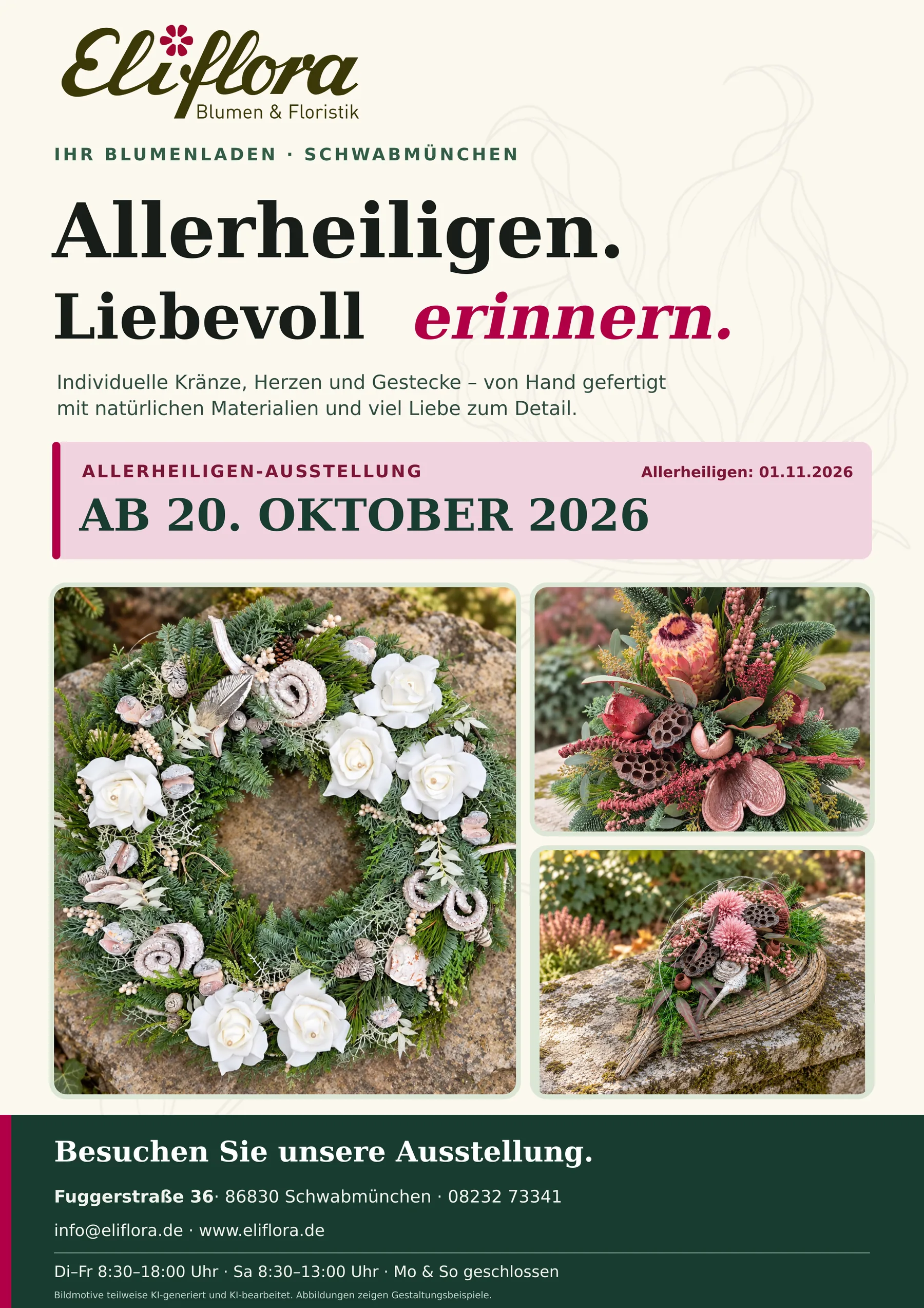 Anzeige „Allerheiligen. Liebevoll erinnern.“ von Eliflora: Kranz mit weißen Rosen, Grabgesteck und Gesteck auf Stein, Allerheiligen-Ausstellung ab 20. Oktober 2026, Fuggerstraße 36, Schwabmünchen