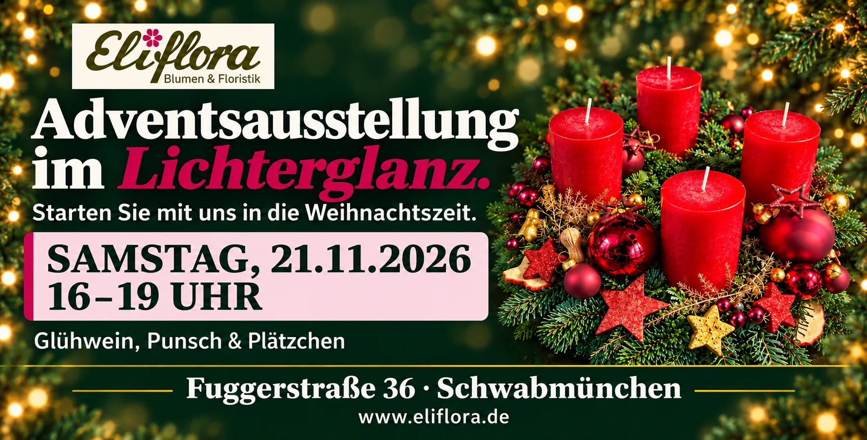 Banner der Adventsausstellung im Lichterglanz: Adventskranz mit vier roten Kerzen vor Tannengrün und Lichtern, Samstag, 21.11.2026, 16–19 Uhr, Glühwein, Punsch & Plätzchen, Fuggerstraße 36, Schwabmünchen