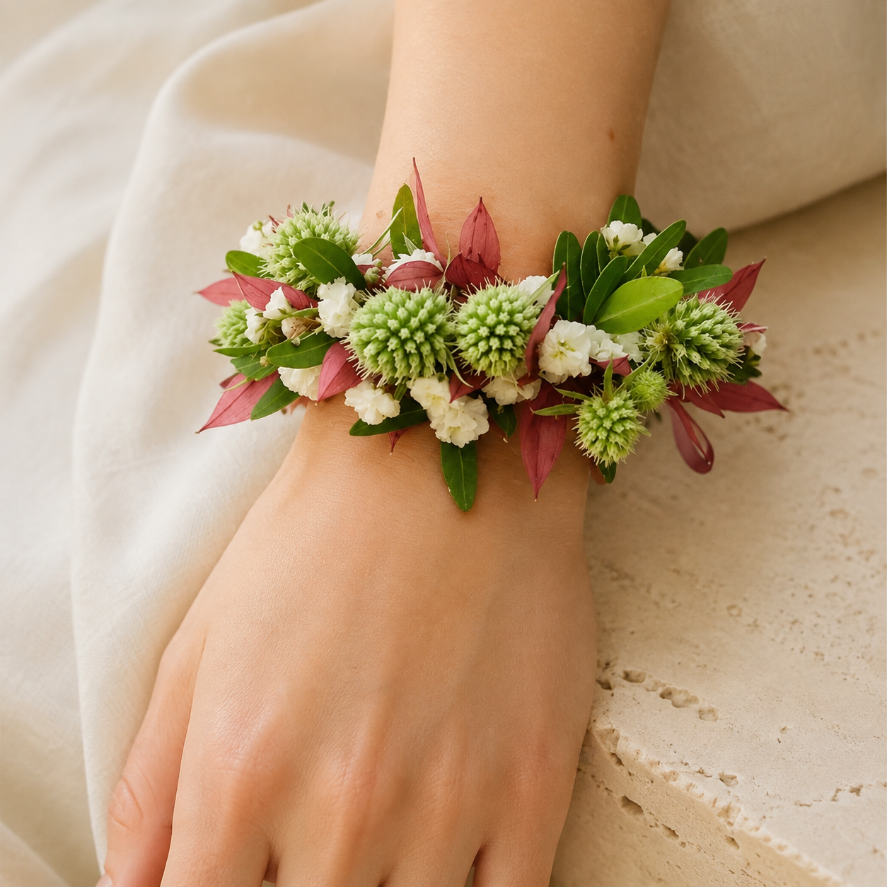 Modernes florales Armband mit grünen Blütenköpfen, weißen Blüten und rotem Laub