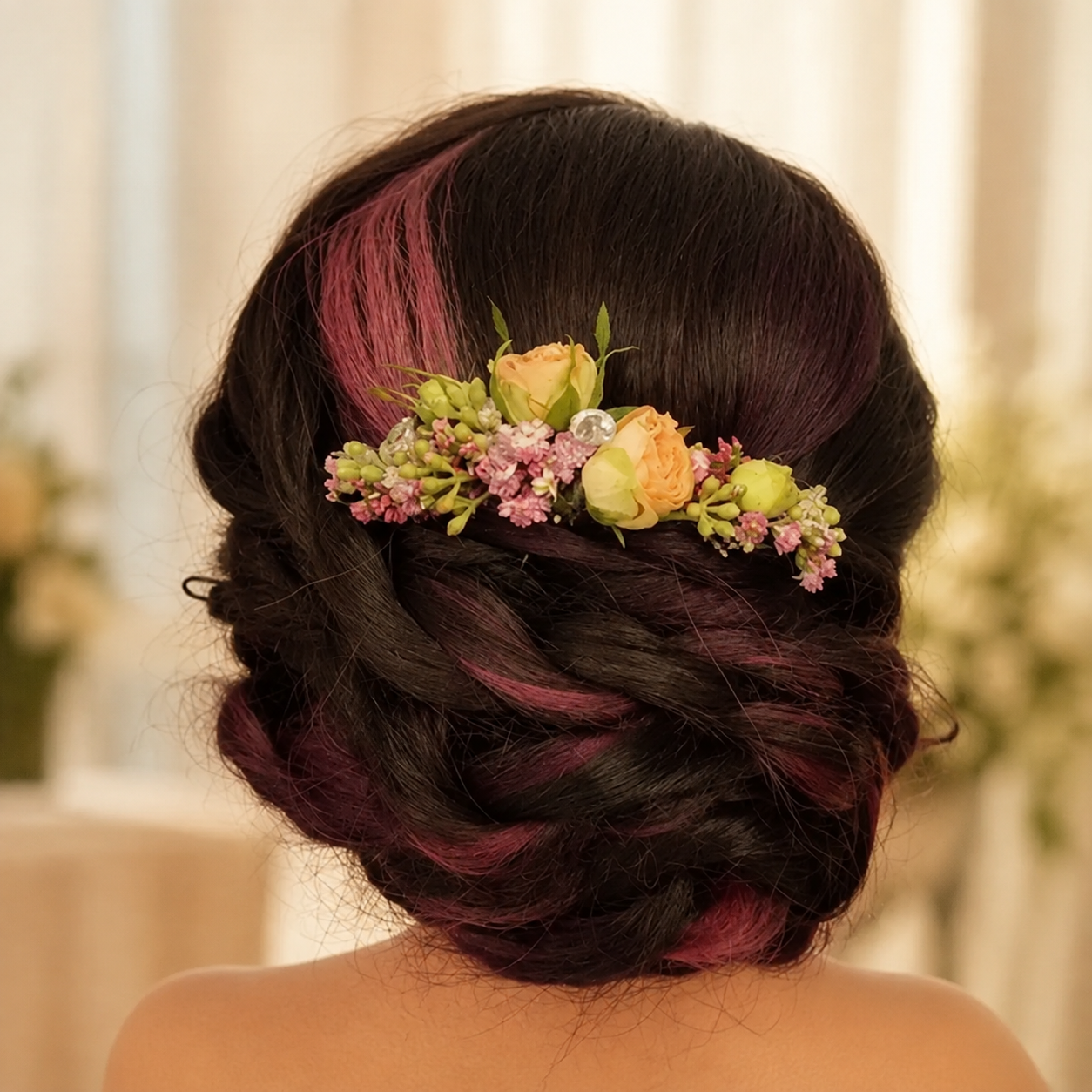 Brautfrisur mit floralem Haarschmuck aus apricotfarbenen Rosen und zarten rosa Blüten